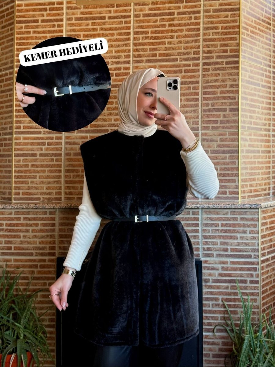Balamony Siyah Peluş Yelek Kemer Hediyeli