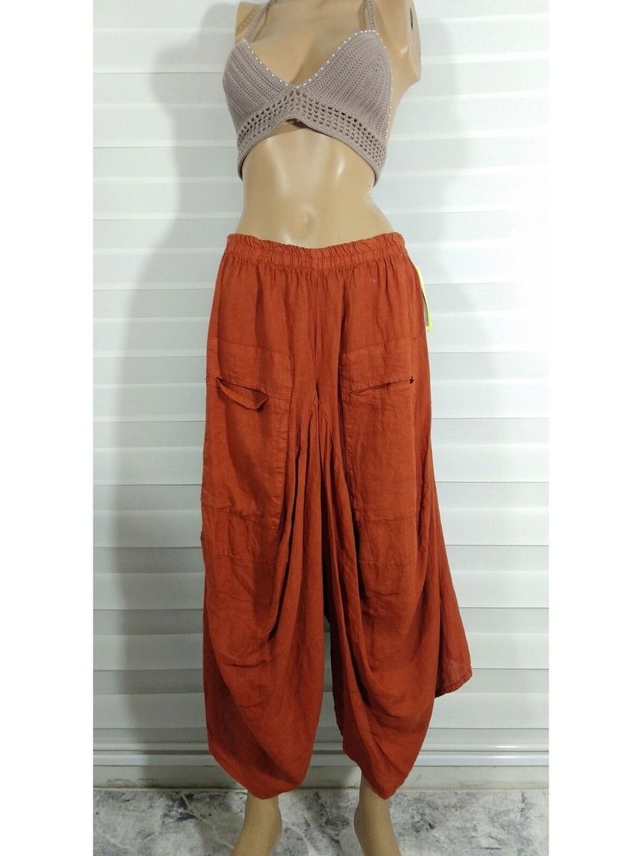 Bohem Stil Kremit Italyan Keten Şalvar Pantolon