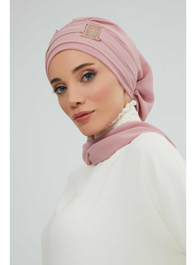 Aisha`s Design Pudra Gold Aksesuarlı Tasarım Şifon Hazır Türban,ht