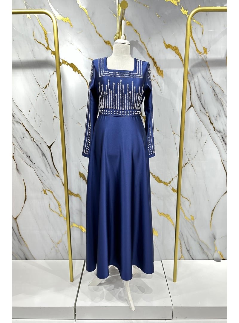 Hakimoda Lacivert Kadem Saten Abiye Elbise