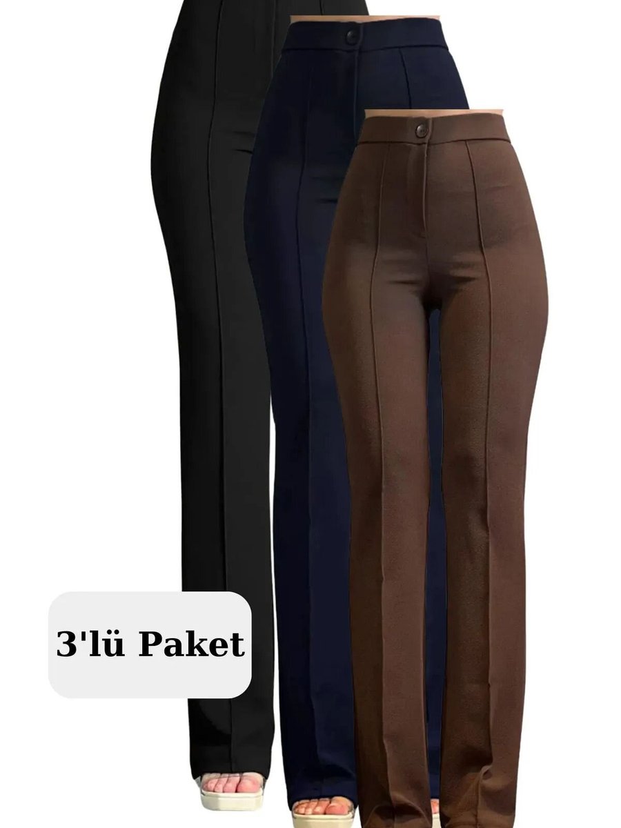 VOLT CLOTHİNG Siyah Lacivert Kahverengi Likralı Yüksek Bel Palazzo 3'lü Set Pantolon
