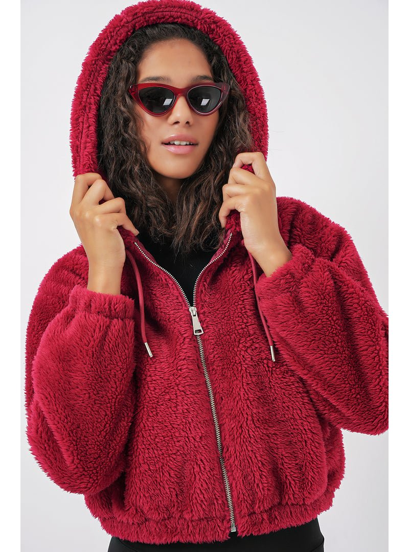 Bigdart Bordo Kapüşonlu Peluş Crop Ceket
