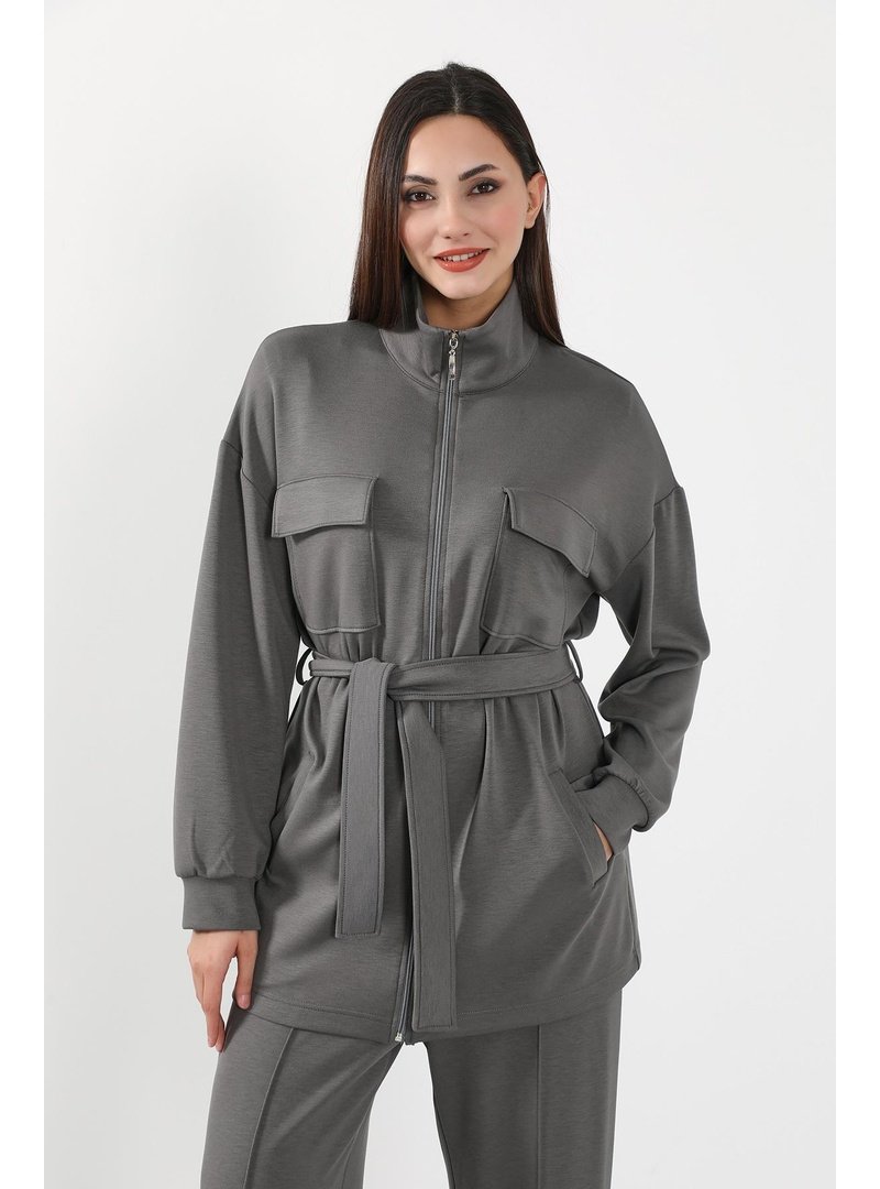 Aisha`s Design Antrasit Fermuarlı Cepli Swet Ceket,sw