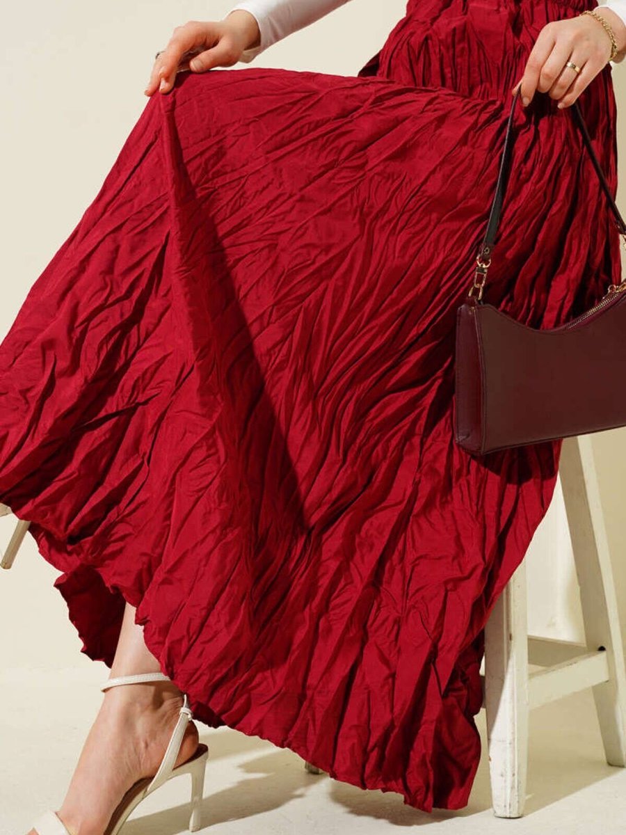 VOLT CLOTHİNG Bordo Kırışık Pileli Uzun Etek