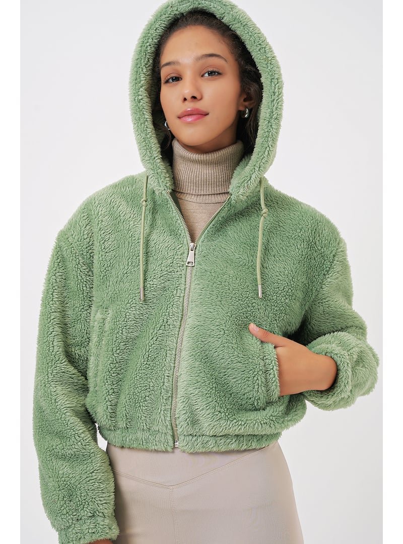 Bigdart E.yeşil Kapüşonlu Peluş Crop Ceket