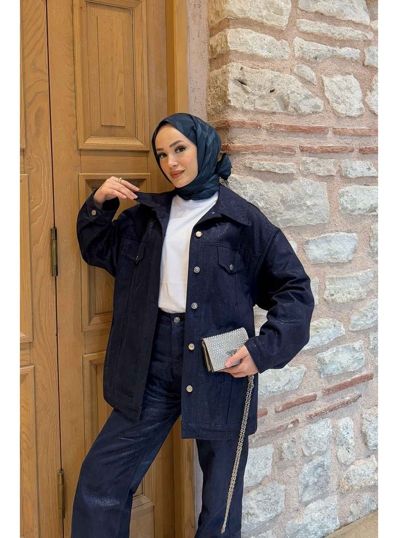 Melike Tatar Lacivert Gabardin Varaklı Ceket