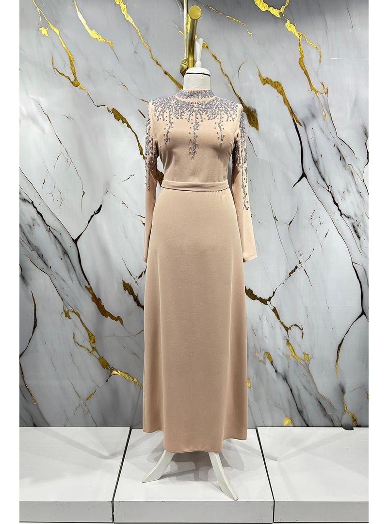 Hakimoda Camel Alin Krep Abiye Elbise