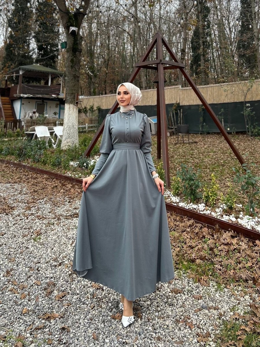 Enka Butik Şila Önü Boncuk Detaylı Balon Kol Tesettür Elbise
