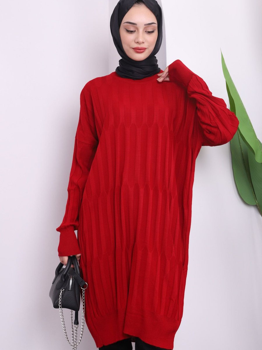 İmajbutik Kırmızı Bisiklet Yaka Merserize Salaş Triko Tunik