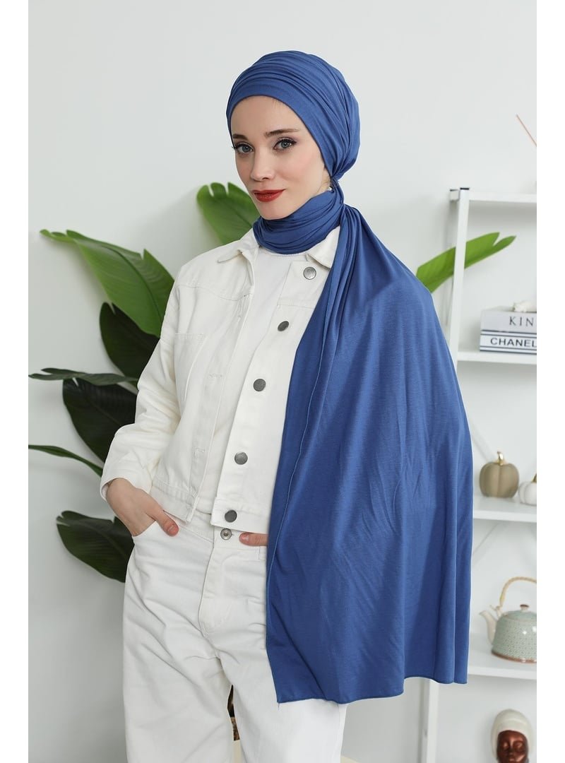 Aisha`s Design İndigo Büzgülü Penye Boneli Şal,bt