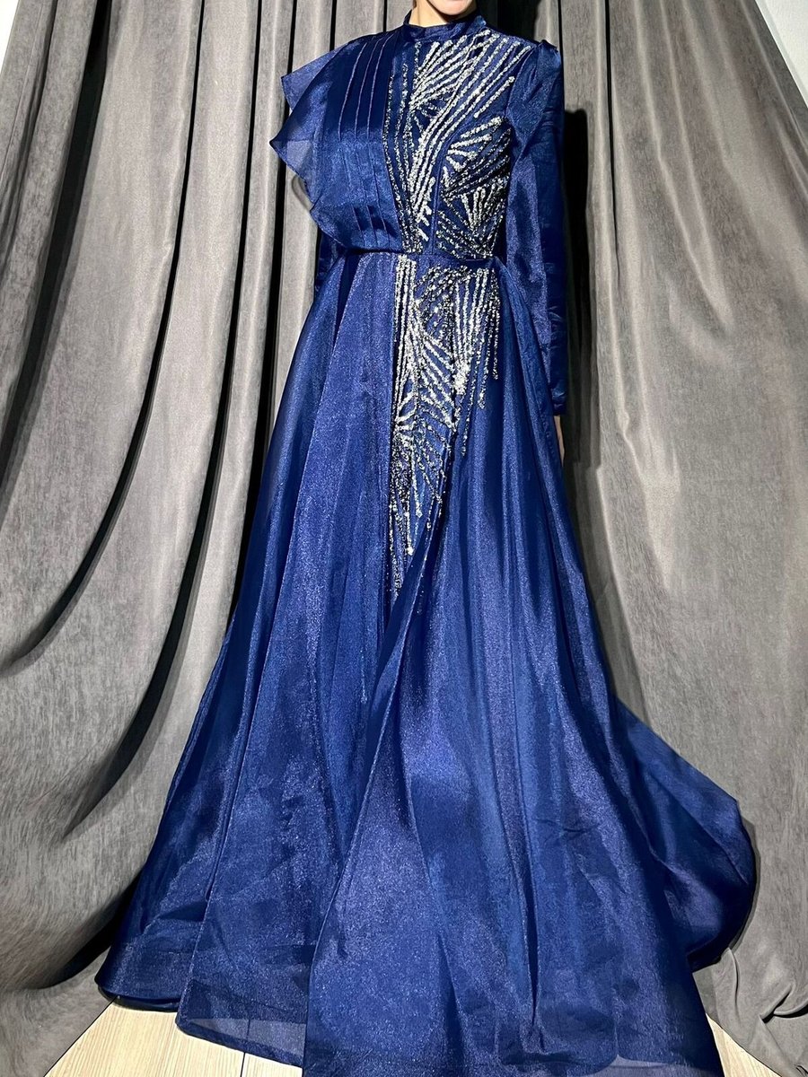 Seasons Butik Kadın Taşlı Lacivert Tesettür Abiye Elbise