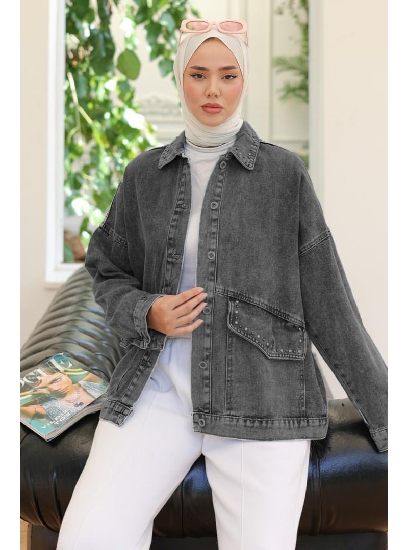 Pelsu Moda Siyah Yakası Taş Detaylı Kot Ceket