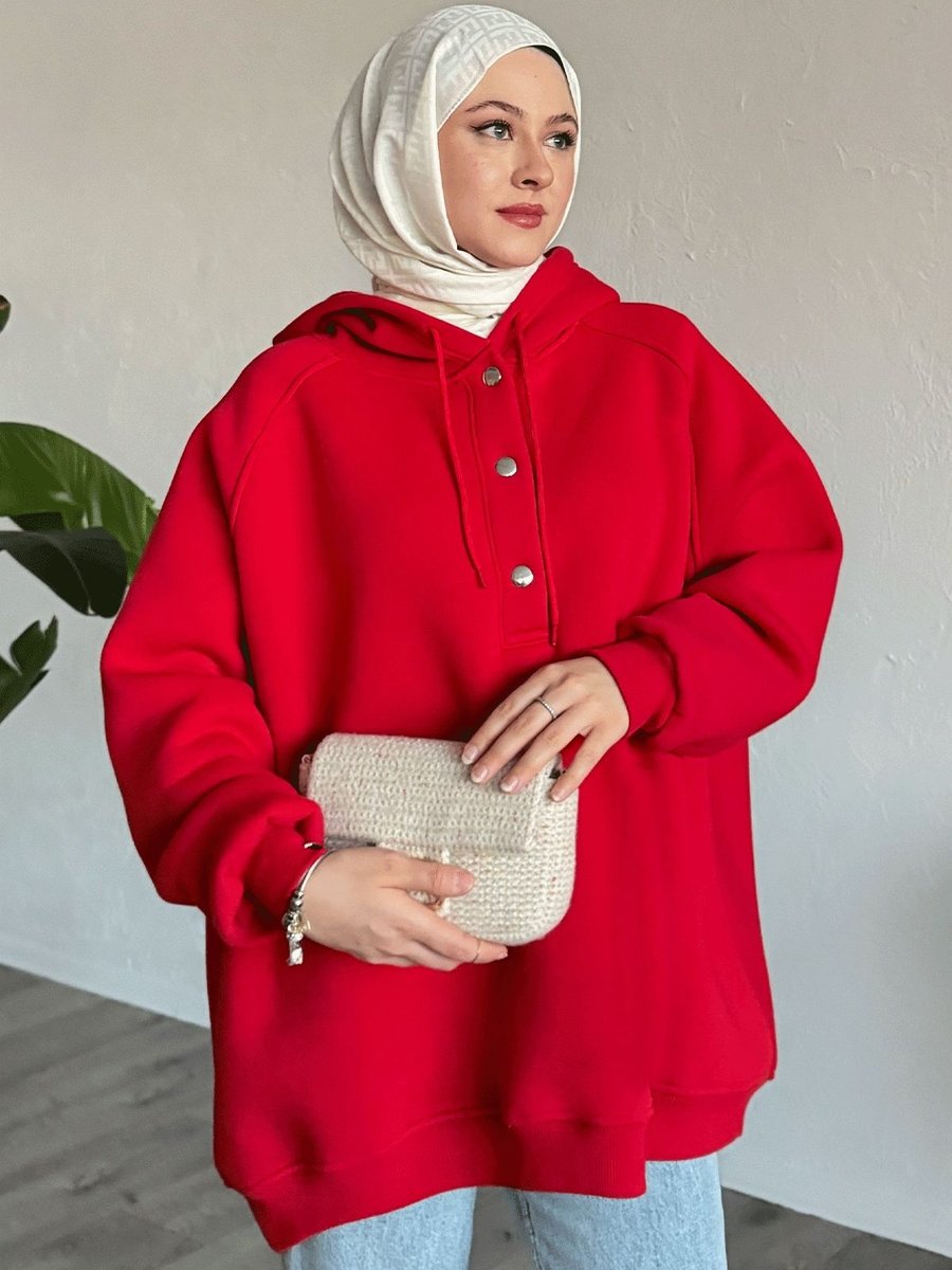 Instyle Çıtçıt Yaka Kapüşonlu Kırmızı Sweat