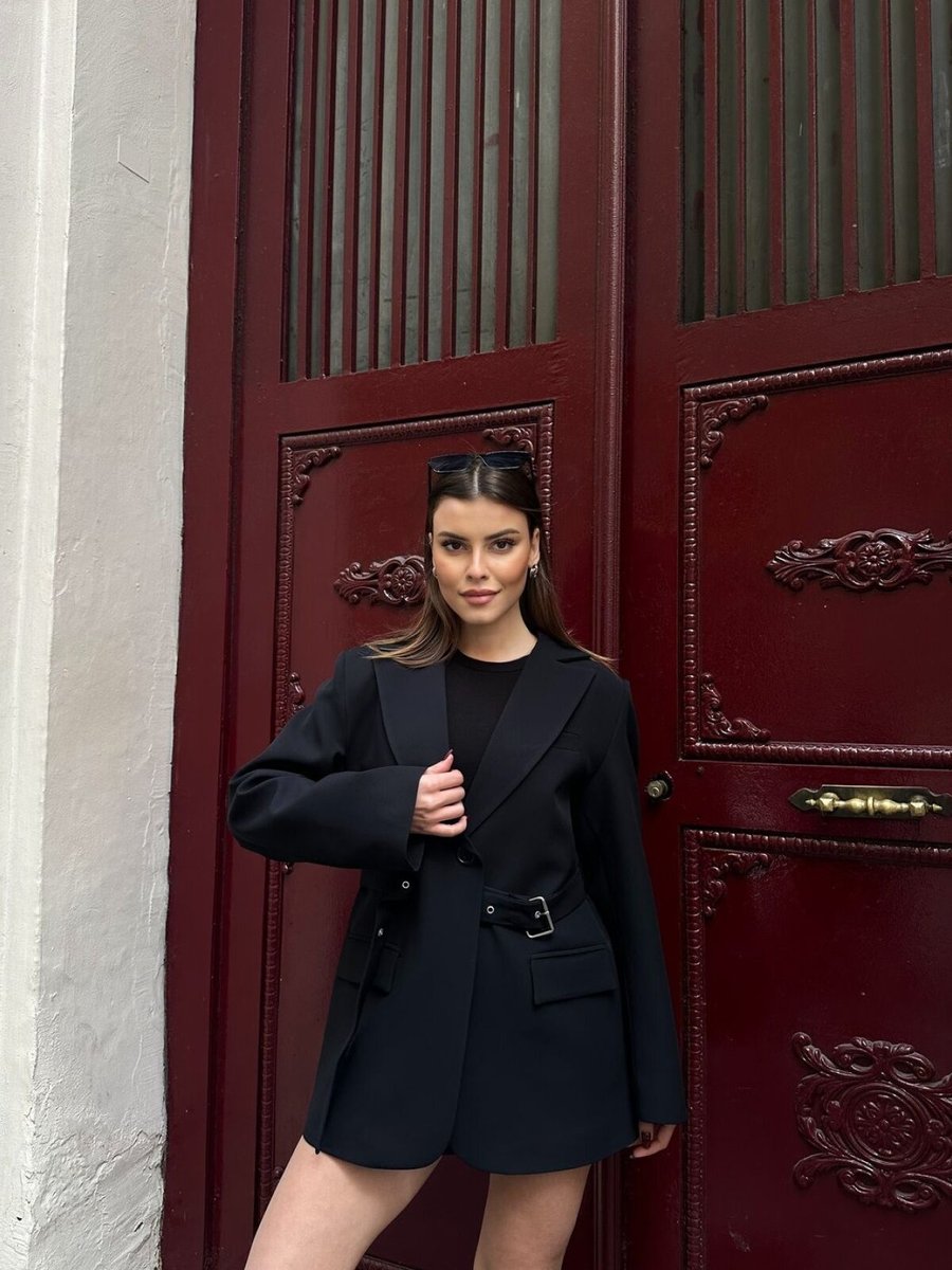 VOLT CLOTHİNG Siyah Kemer Detaylı Astarlı Blazer Ceket