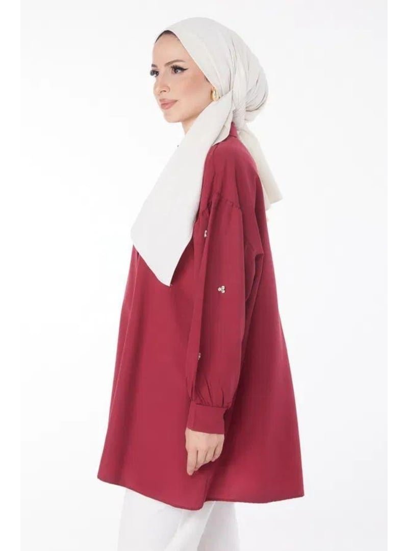 Pelsu Moda Düz Gömlek Yaka Bordo Tunik