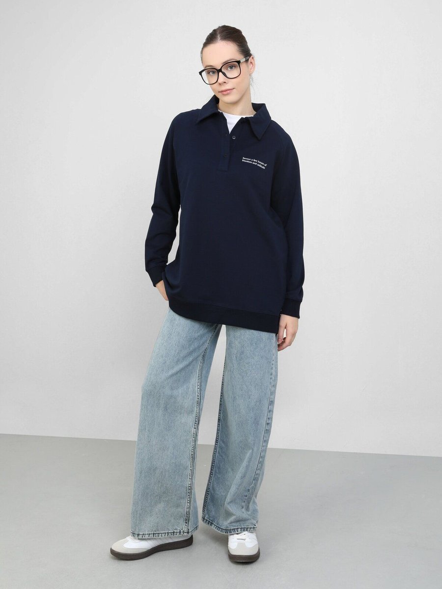 Benin Polo Yaka Baskı Detaylı Oversize Sweatshirt Lacivert