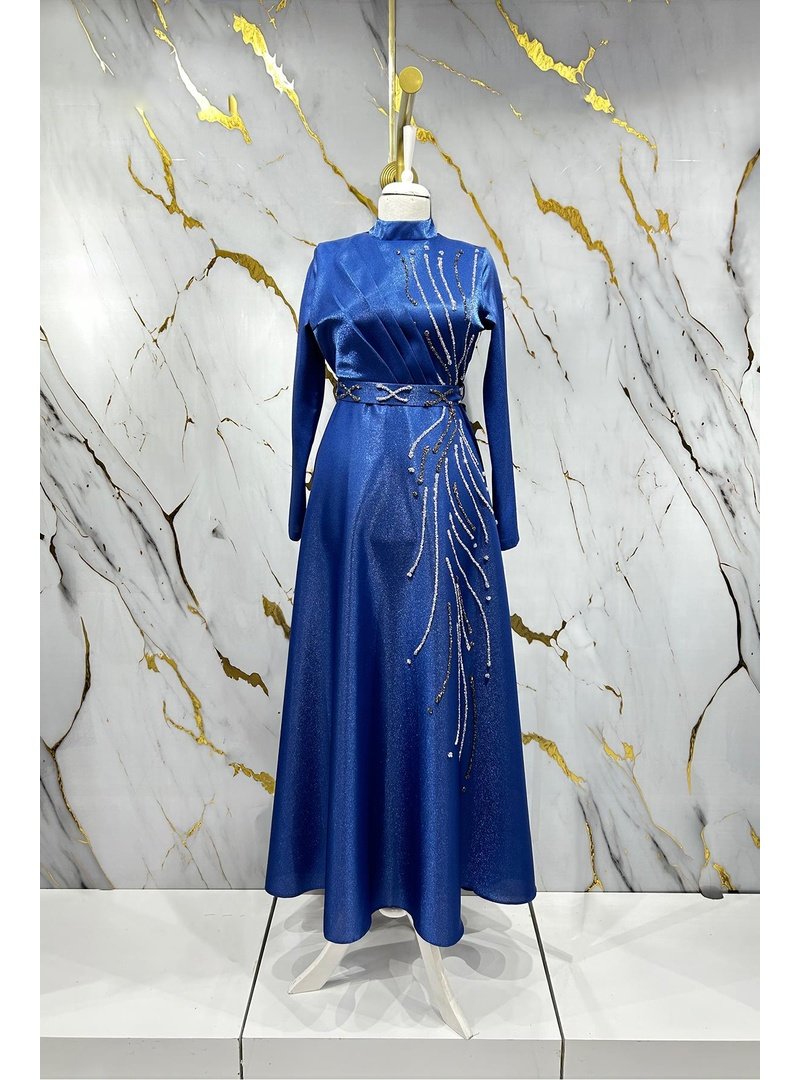 Hakimoda İndigo Burcu Krep Saten Abiye Elbise