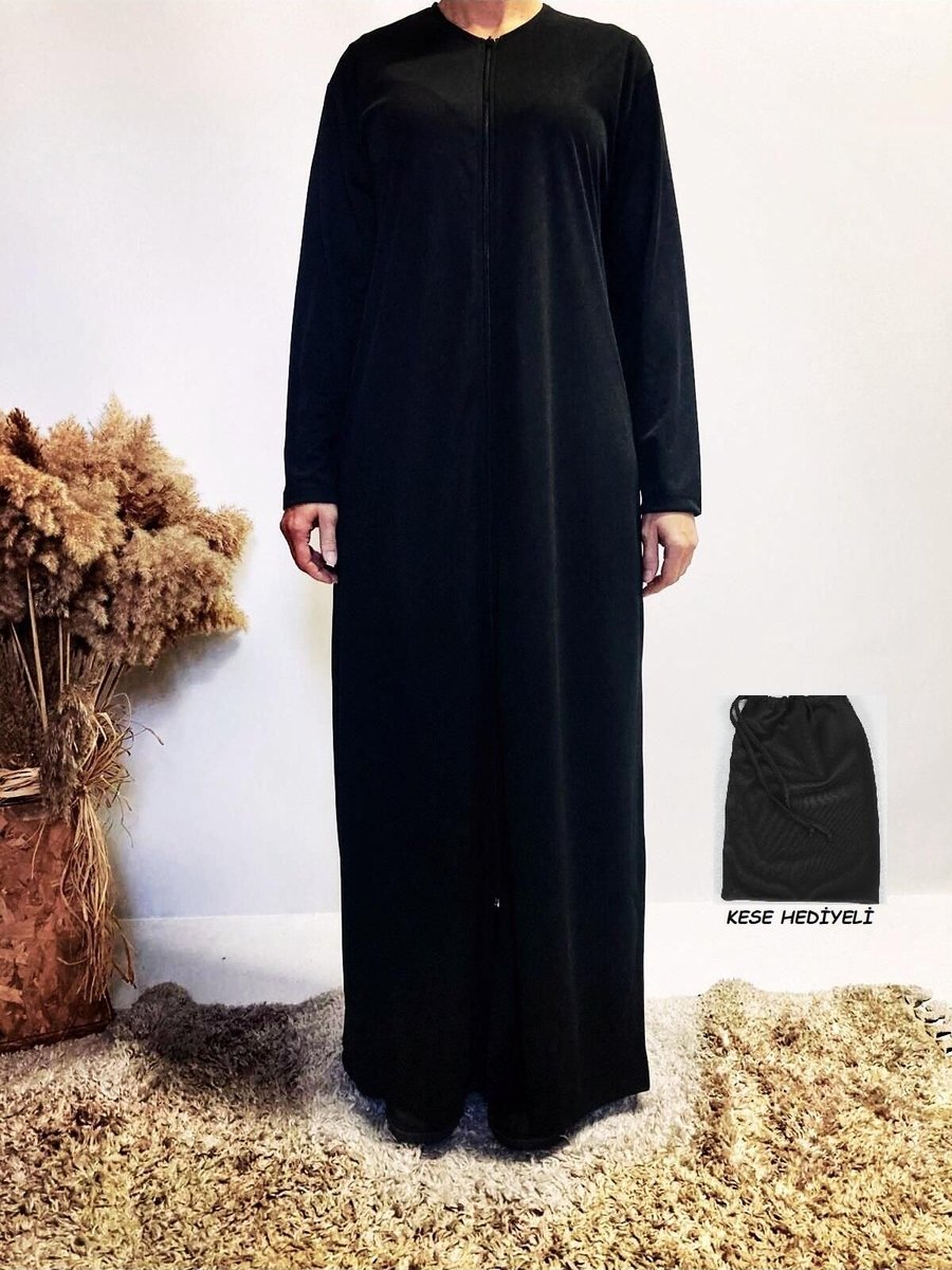 Plistre Fermuarlı Namaz Elbisesi Siyah Ferace