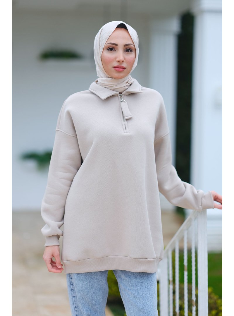 Locco Moda Krem Yarım Fermuar Detay Sweat