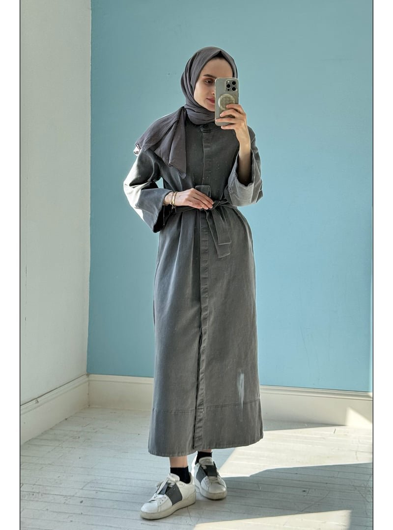Mevra Antrasit Denim Ferace Elbise