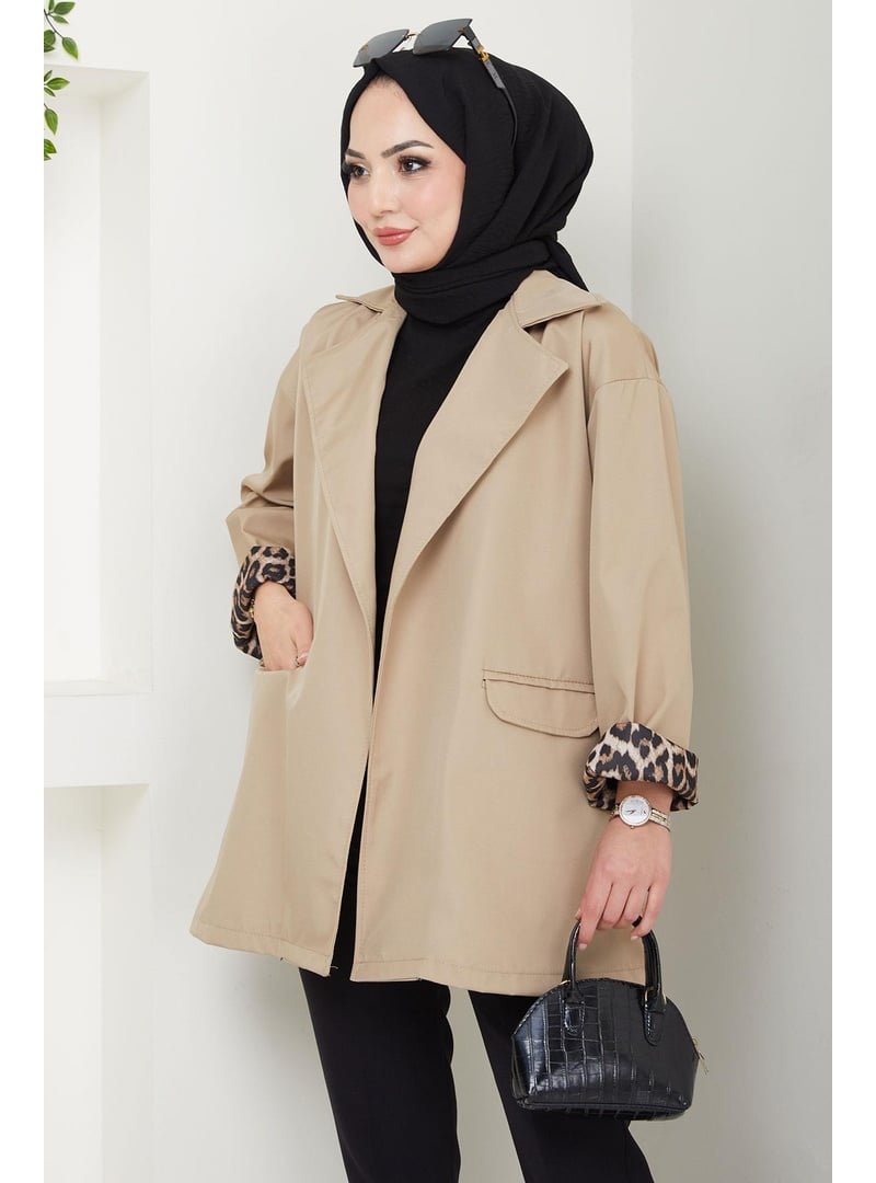 Hafsa Mina Vizon Leopar Detaylı Oversize Bondit Ceket