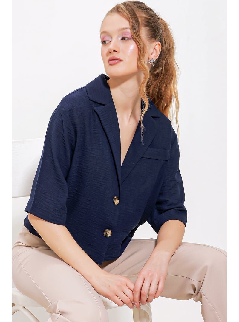 Bigdart Lacivert Çift Düğmeli Oversize Crop Keten Ceket