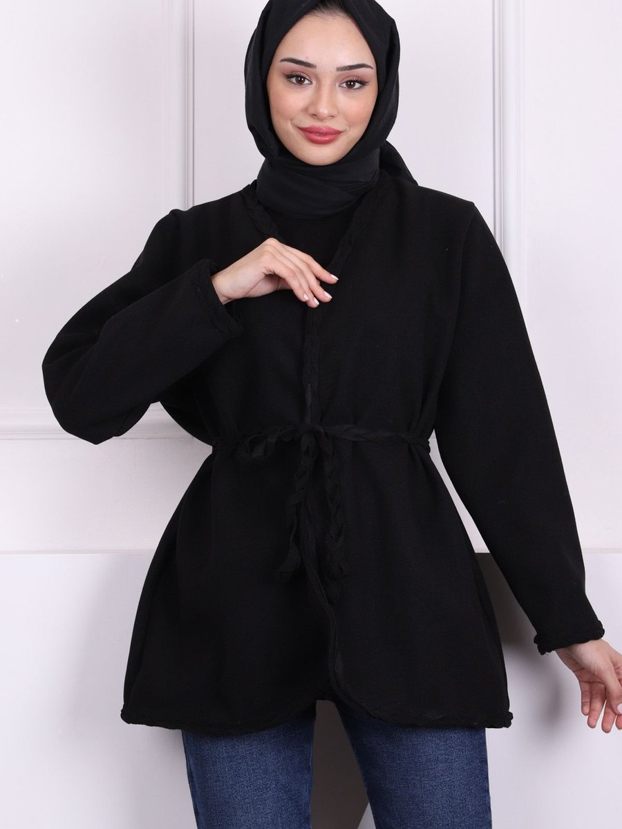 İmajbutik Siyah Bel Kuşaklı Saç Örgülü Ceket