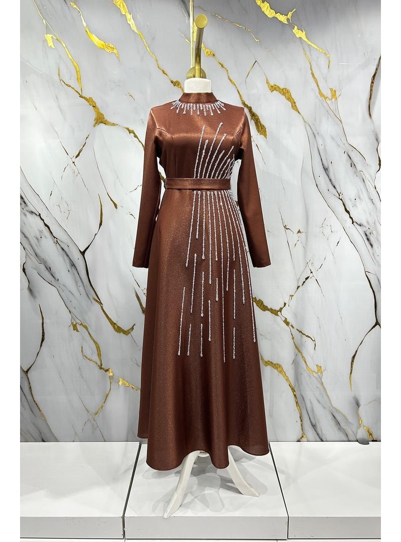Hakimoda Loya Krep Saten Abiye Elbise Bakır Rengi