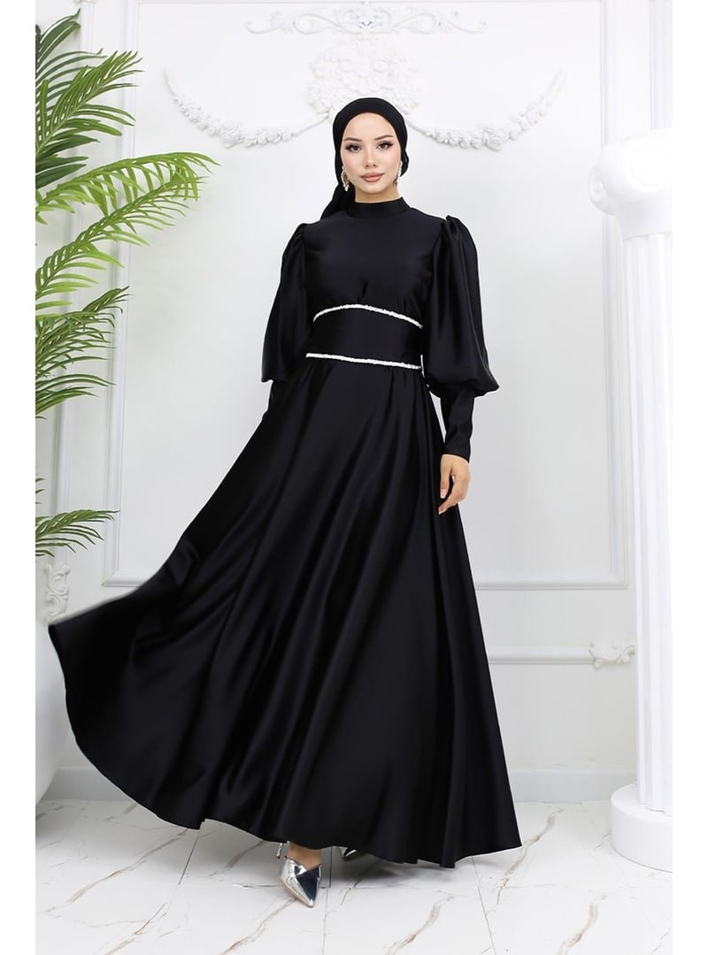 Hakimoda Siyah Sehran Saten Abiye Elbise