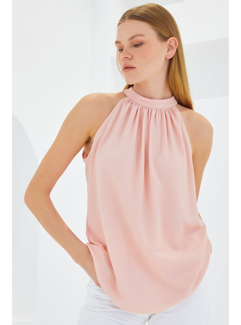 Bigdart Pudra Halter Yaka Örme Bluz