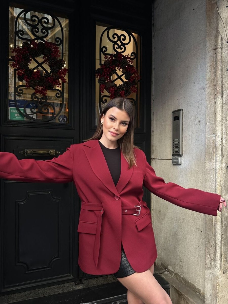 VOLT CLOTHİNG Bordo Kemer Detaylı Astarlı Blazer Ceket