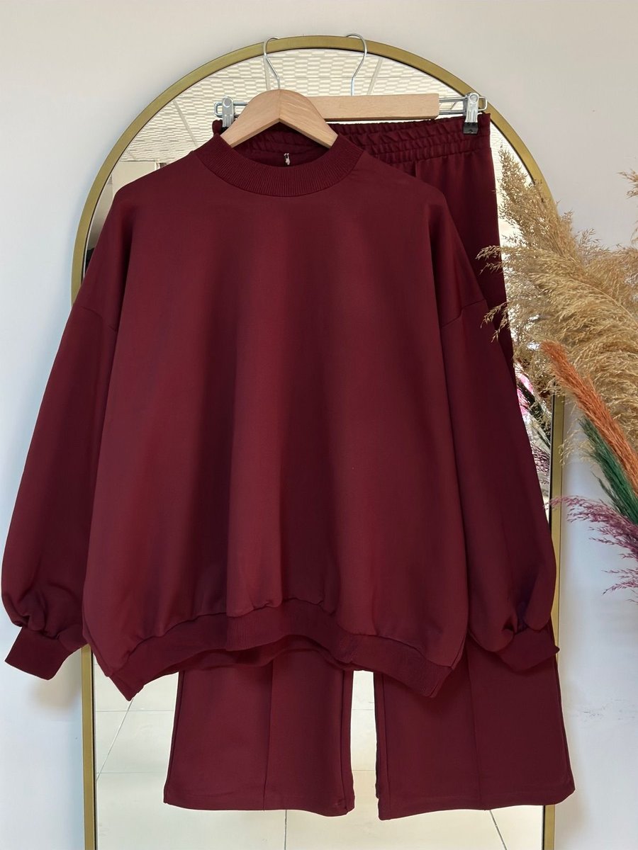 Ebrar Store Dilşah Bol Sweat İki İplik Pantolonlu Takım Bordo