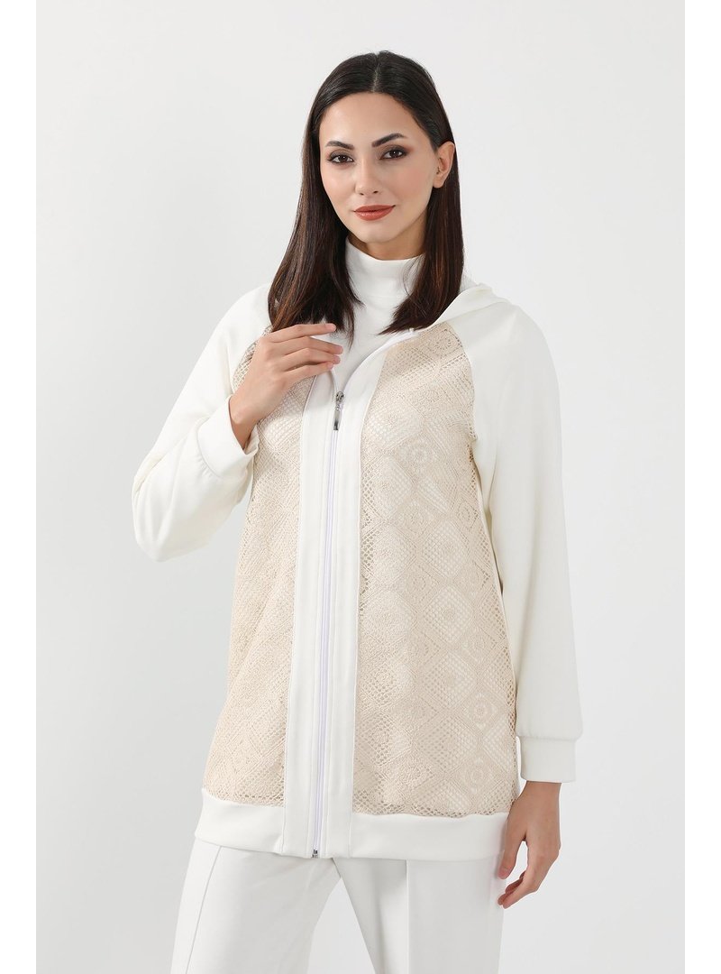 Aisha`s Design Ekru Dantel Detaylı Fermuarlı Kapüşonlu Hırka Swet,sw
