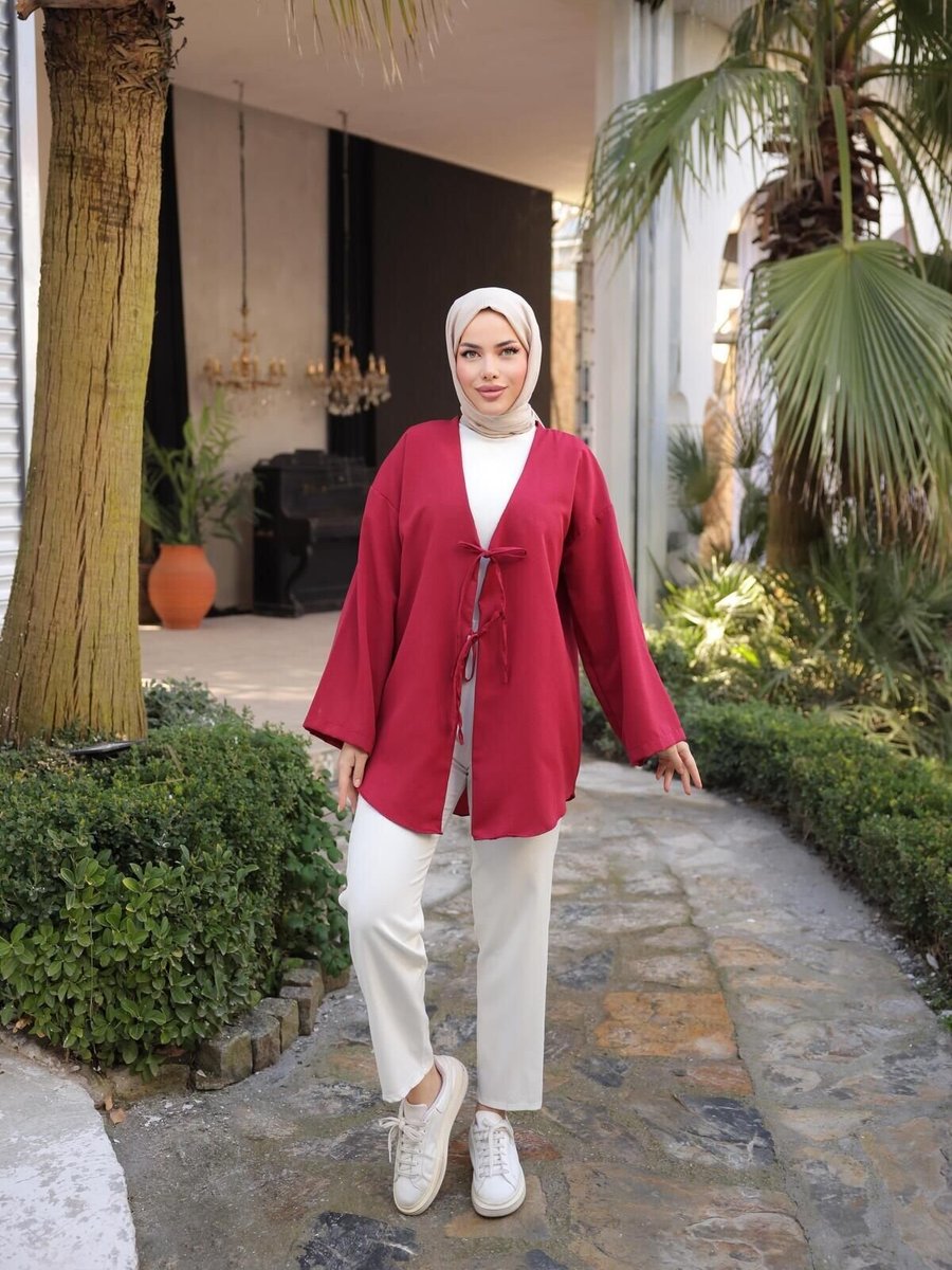 Nergis Neva Butik Bordo Önü Bağlamalı Kimono Tunik