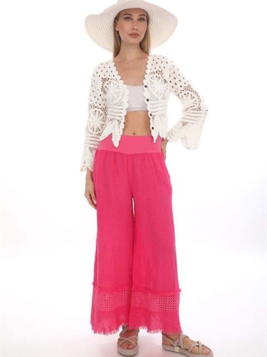 EREN STYLE Pembe İtalyan Fisto Detaylı Keten Pantolon