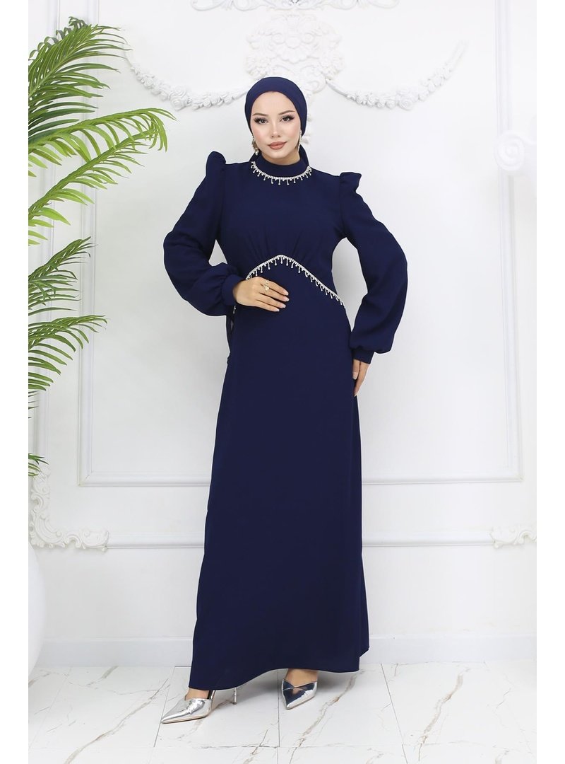 Hakimoda Lacivert Eva Krep Abiye Elbise