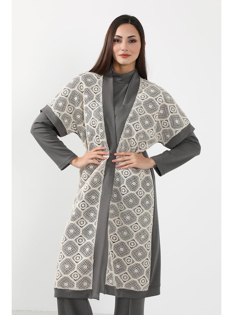 Aisha`s Design Antrasit Dantel Detaylı Kısa Kol Kimono Tunik,sw