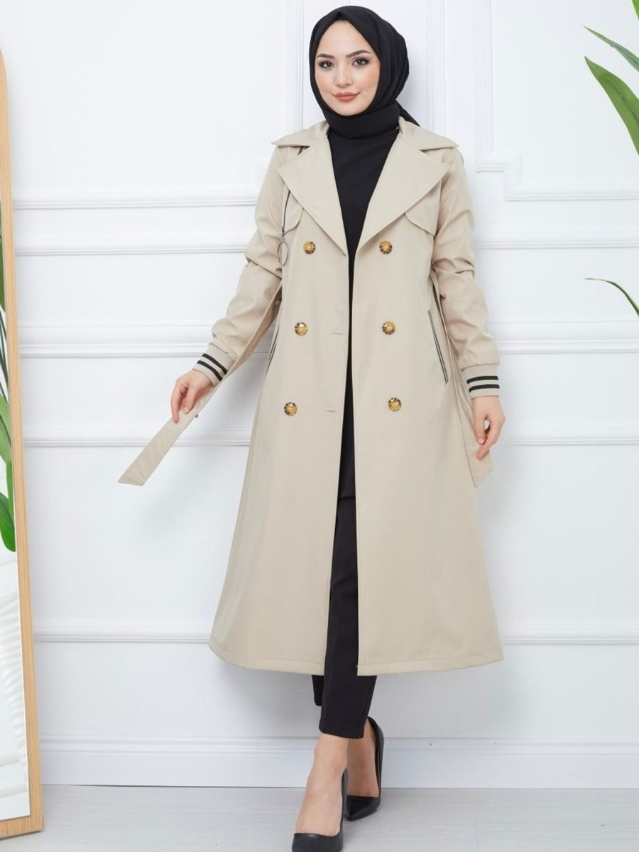 Nevayla Moda Bondit Kumaş Ribanalı Uzun Boy Trençkot / Ekru