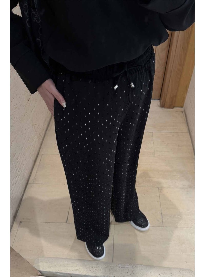 Melike Tatar Siyah Krep Taşlı Pantolon