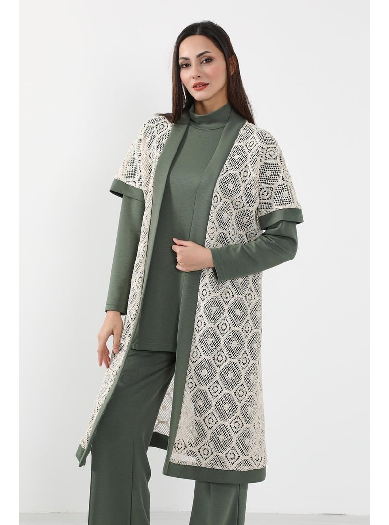 Aisha`s Design Haki Dantel Detaylı Kısa Kol Kimono Tunik,sw