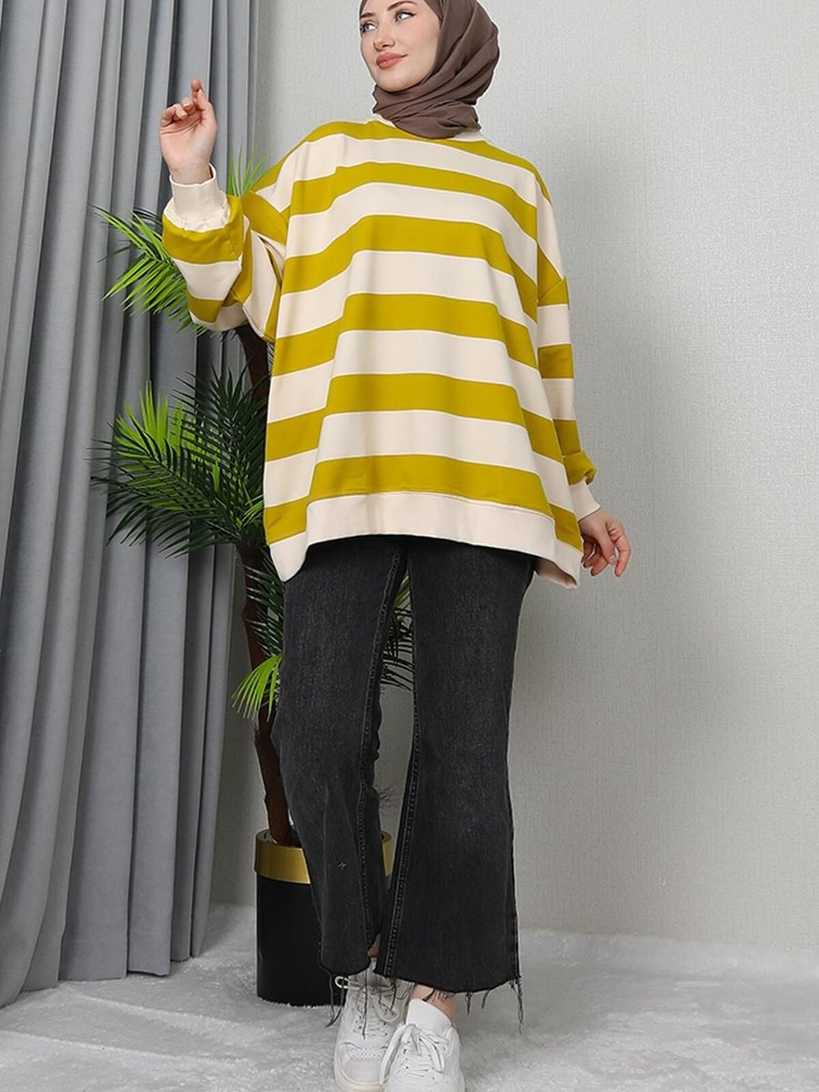 Giz Agiyim Oversize Çizgi Detay Sweat Yağ Yeşil