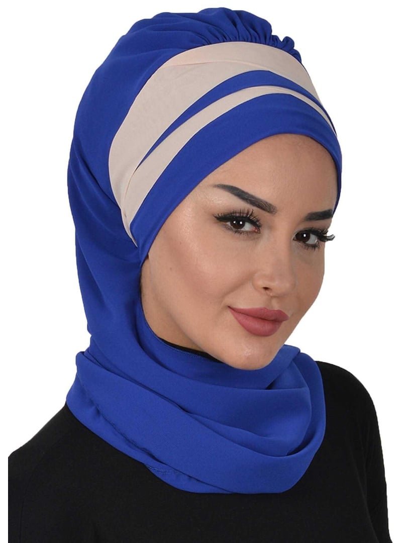 Aisha`s Design Bej Çapraz Dikim Çift Renkli Fularlı Şifon Hazır Türban,ht Saks