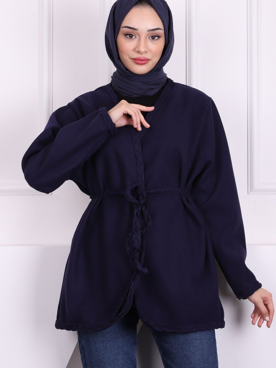 İmajbutik Lacivert Bel Kuşaklı Saç Örgülü Ceket