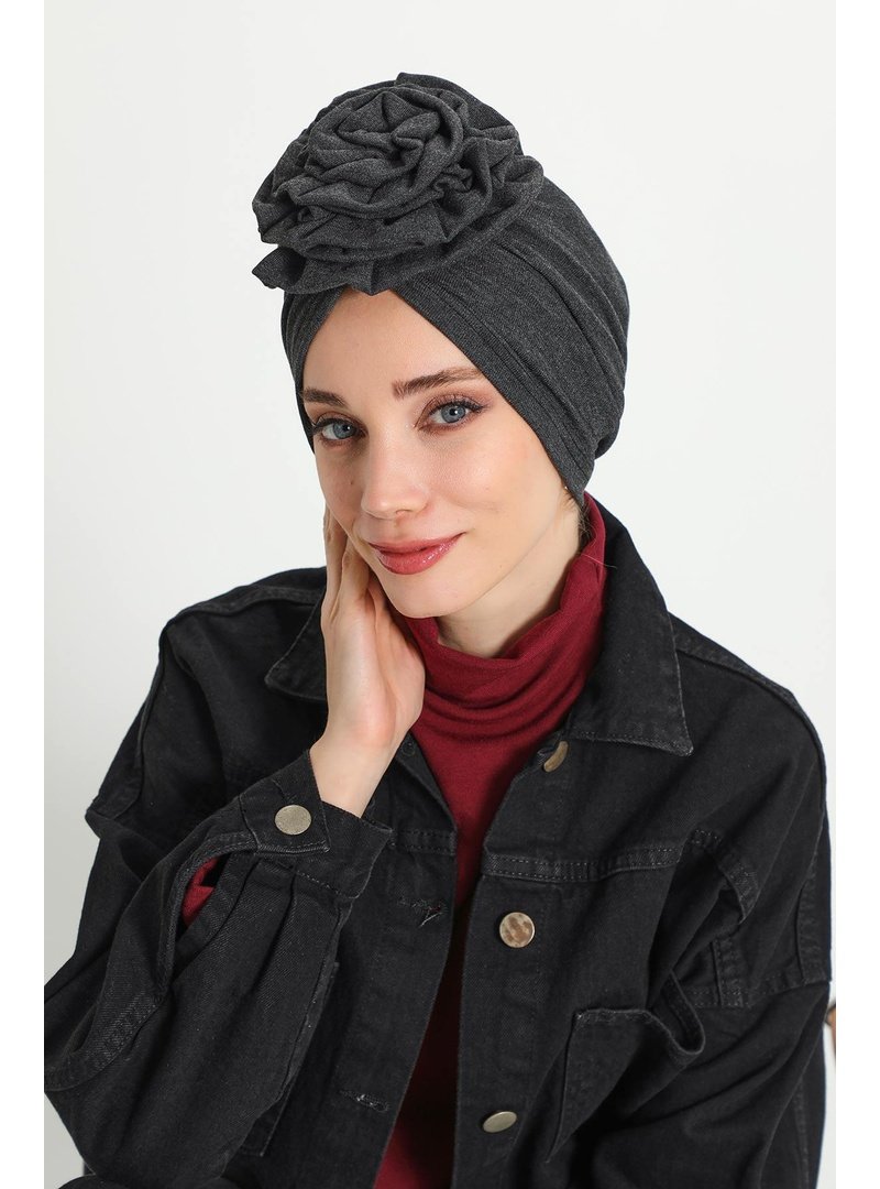 Aisha`s Design 21rb Antrasit Melanj Güllü Bone Kışlık Türban,b