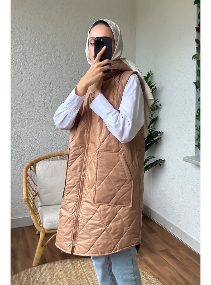 Salih Çelebi Camel Önü Fermuarlı Kapüşonlu Yelek