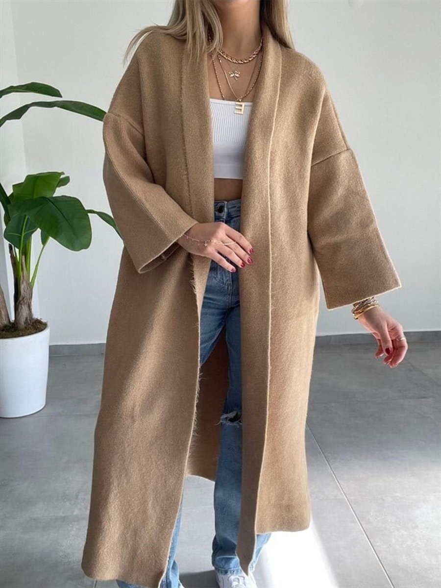New Journal Camel Maxi Boy Uzun Polarlı Kalın Triko Hırka Nwj