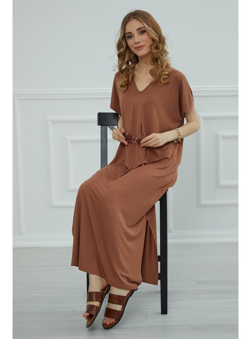Aisha`s Design Koyu Kahverengi Yırtmaçlı Penye Elbise,elb
