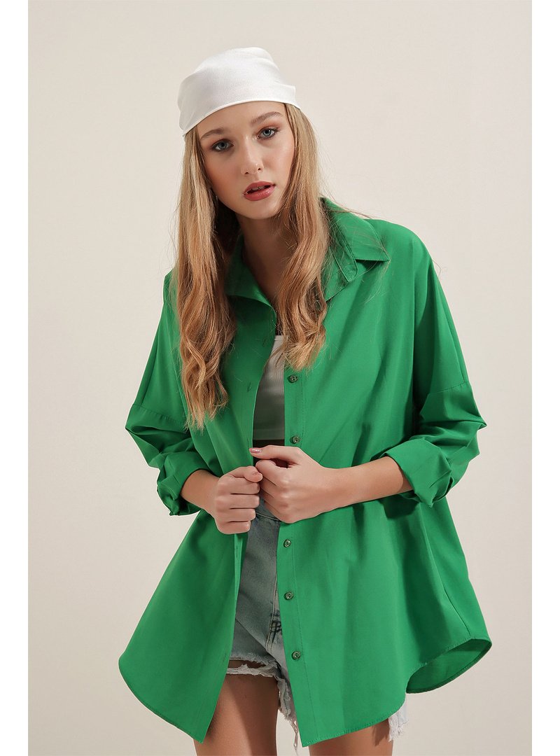 Bigdart Yeşil Oversize Uzun Basic Gömlek