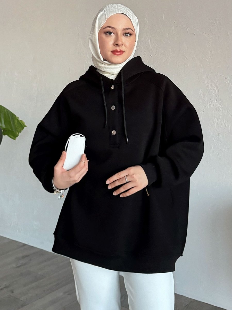 Instyle Çıtçıt Yaka Kapüşonlu Siyah Sweat