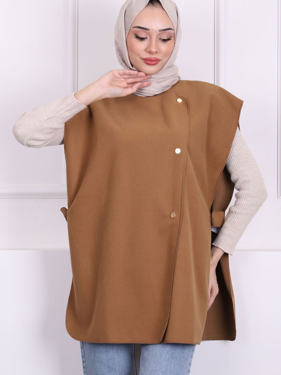 İmajbutik Camel Çıtçıt Detaylı Yanları Açık Kaşe Yelek